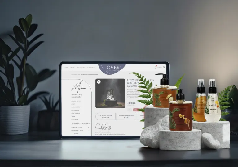 OVER Cosmetics — the online store on a tablet, a product page next to the brand’s cosmetics