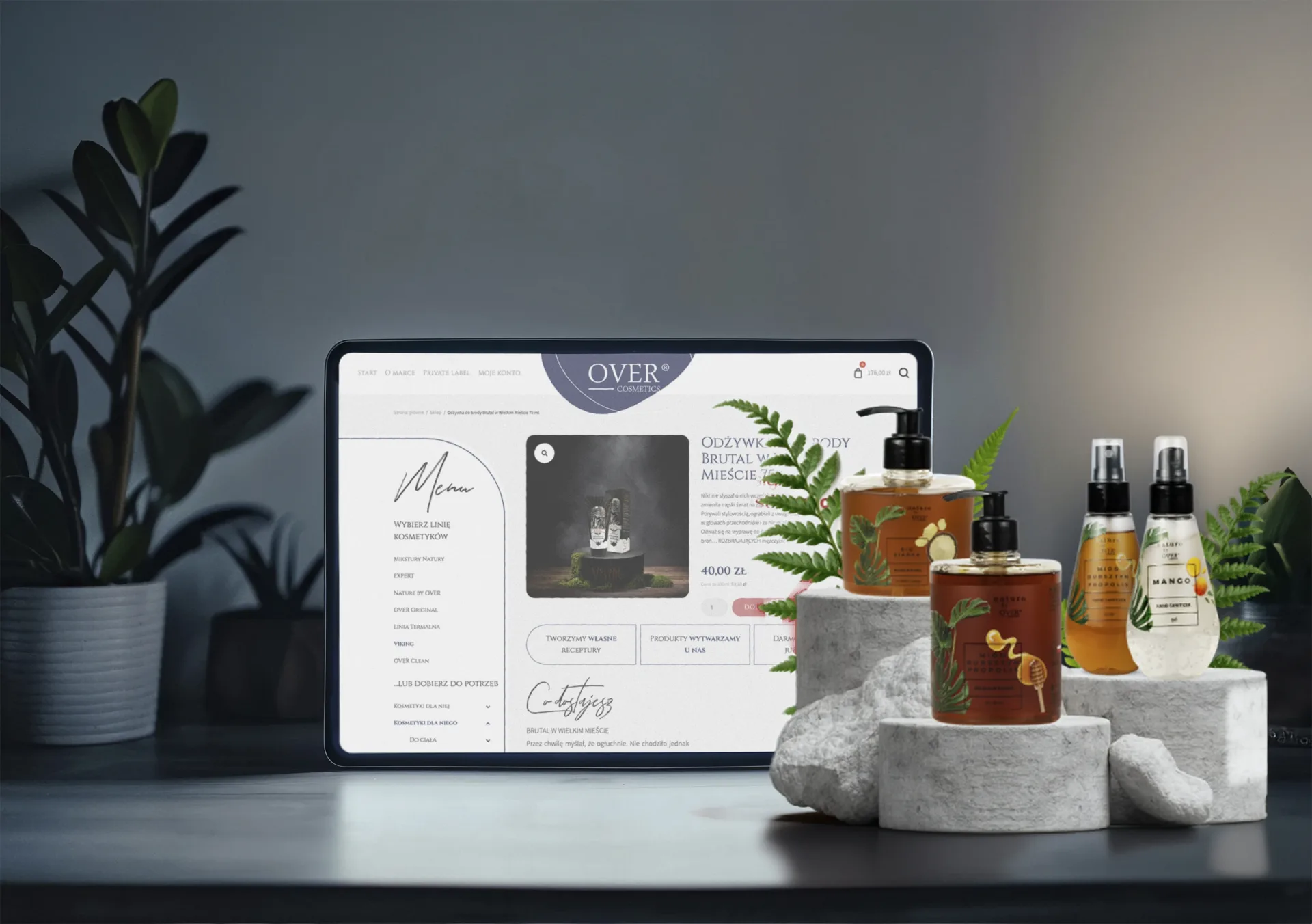 OVER Cosmetics — the online store on a tablet, a product page next to the brand’s cosmetics
