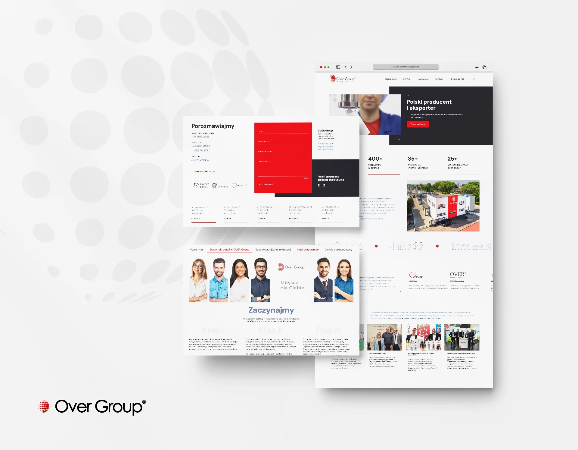 OVER Group — corporate site views: homepage, contact and the recruitment section