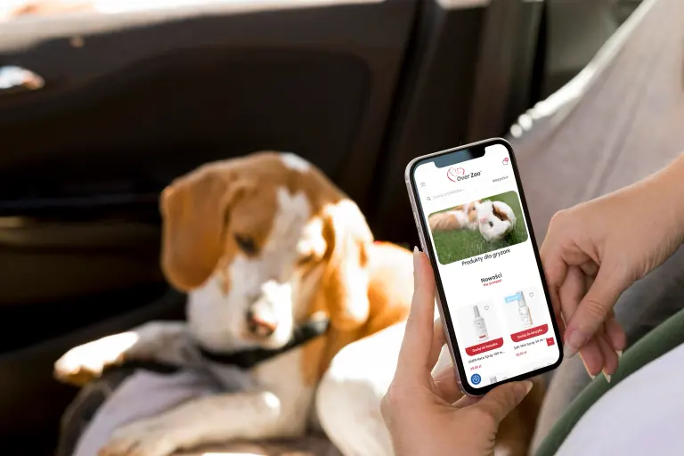 OVER Zoo — the online store on a phone, the small pets category, with a dog in a car behind